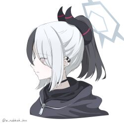 1girl black_choker black_hair black_hoodie black_horns blue_archive choker closed_mouth commentary_request cropped_shoulders demon_horns ear_piercing eyes_visible_through_hair gomibako_(a_rubbish_box) grey_hair hair_between_eyes halo highres hood hoodie horns kayoko_(blue_archive) medium_hair multicolored_hair piercing red_eyes sidelocks simple_background solo twitter_username two-tone_hair white_background