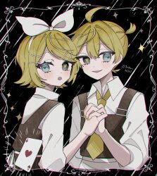 1boy 1girl :o ace_(playing_card) ace_of_hearts ahoge black_background blonde_hair blush border bow bow_hairband buckle card chromatic_aberration collared_shirt cropped_torso hair_between_eyes hair_bow hair_ornament hairband hairpin heart heart-shaped_pupils heterochromia highres hitobashira_alice_(vocaloid) interlocked_fingers kagamine_len kagamine_rin looking_at_viewer maca1227 multiple_hairpins necktie open_mouth ornate_border playing_card ponytail shirt short_hair short_ponytail siblings smile sparkle swept_bangs symbol-shaped_pupils twins twitter_username upper_body vest vocaloid white_bow white_hairband white_shirt wing_collar yellow_nails yellow_necktie