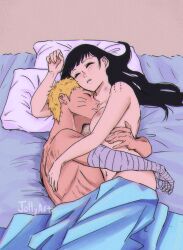 1boy 1girl artist_name bandaged_arm bandages bite_mark black_hair blonde_hair facial_mark hetero highres hug husband_and_wife hyuuga_hinata indoors jolly_(jollyfarts) long_hair naruto:_the_last naruto_(series) navel nipples nude on_bed pillow short_hair sleeping uzumaki_naruto whisker_markings