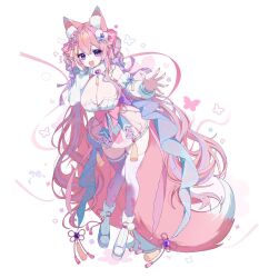 1girl animal_ears artist_request boots breasts bug butterfly check_artist cleavage detached_sleeves fox_ears fox_girl fox_tail highres insect kaos_pinku long_hair luami_media open_mouth pink_hair pink_ribbon purple_eyes ribbon smile tail tassel thighhighs virtual_youtuber white_background