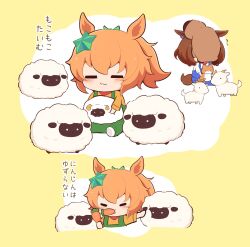 Rule 34 | 2girls, :3, animal, animal ears, animal on head, beaver, blue overalls, blush, brown hair, cat, chibi, chibi only, closed eyes, closed mouth, commentary request, food, fruit, goat, gomashio (goma feet), green overalls, hair ornament, holding, holding food, holding vegetable, horse ears, horse girl, horse tail, long sleeves, meisho doto (umamusume), mouth hold, multiple girls, on head, orange hair, overalls, sheep, shirt, shoes, short hair, sitting, star (symbol), star hair ornament, taiki shuttle (umamusume), tail, translation request, two-tone background, umamusume, vegetable, white background, white shirt, white shoes, yellow background, yellow shirt