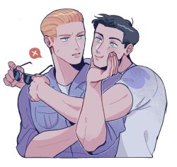 Rule 34 | 2boys, albert wesker, arm up, black hair, blonde hair, blue eyes, blue shirt, breast pocket, chinese commentary, chris redfield, closed mouth, collared shirt, colored speech bubble, commentary request, cropped torso, eye contact, green eyes, hair slicked back, hand on another&#039;s chin, highres, holding, holding removed eyewear, hug, jitome, looking at another, male focus, multiple boys, oooyinghu, parted lips, pocket, resident evil, shirt, short hair, short sleeves, simple background, sleeves rolled up, speech bubble, sunglasses, sweat, sweatdrop, t-shirt, unworn eyewear, white background, white shirt, wing collar, yaoi