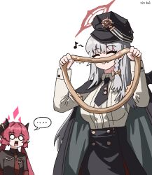 ... 2girls absurdres artist_name black_hat black_necktie black_wings blue_archive closed_eyes demon_horns demon_wings eighth_note food grey_hair halo haruna_(blue_archive) hat highres holding holding_food holding_pizza horns junko_(blue_archive) kai_xin long_hair multiple_girls musical_note necktie pizza pointy_ears red_hair red_halo shirt simple_background single_wing speech_bubble spoken_ellipsis twintails upper_body white_background white_shirt wings