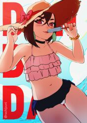 1girl alternate_costume ayase_momo bare_shoulders bikini bikini_skirt black_choker blue_sky blush bracelet brown_eyes brown_hair choker cloud cloudy_sky collarbone commentary copyright_name cowboy_shot dandadan earrings english_commentary food frilled_bikini_top hair_between_eyes halterneck hat highres holding holding_food holding_popsicle jewelry licking looking_at_viewer navel ocean outdoors pink_bikini popsicle rachijuuni short_hair sky solo stomach straw_hat summer swimsuit thick_eyebrows thigh_gap thighs tongue tongue_out twitter_username