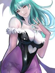 1girl animal_print bare_shoulders bat_print black_leotard breasts bridal_gauntlets cleavage clothing_cutout darkstalkers fur-trimmed_leotard fur_trim green_eyes green_hair heart_cutout highleg highleg_leotard highres leotard long_hair looking_at_viewer low_wings meke_(77842928) morrigan_aensland navel_cutout pantyhose print_pantyhose purple_pantyhose revision simple_background solo strapless strapless_leotard white_background wings