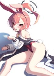 1girl absurdres ahoge animal_ears asymmetrical_bangs bada_(jksh5056) blue_archive braid fake_animal_ears fake_tail feet_out_of_frame highres huge_ahoge jacket leotard lying mole mole_under_eye neru_(blue_archive) neru_(bunny)_(blue_archive) on_side orange_hair playboy_bunny print_jacket rabbit_ears rabbit_tail red_eyes red_leotard simple_background single_braid solo sukajan tag tail white_background