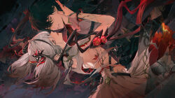 1boy 1girl black_flower black_hair black_jacket black_pants blake_bloom_(wuthering_waves) broken_glass camellia camellya_(wuthering_waves) chromatic_aberration collar commentary dress flower glass grey_shirt hair_flower hair_ornament hair_ribbon hair_vines highres jacket looking_at_another male_rover_(wuthering_waves) name_connection object_namesake open_clothes open_jacket open_mouth pants parted_lips red_flower red_pupils red_ribbon reflection revision ribbon rover_(wuthering_waves) secretfj520 shirt short_hair sideless_dress smile white_collar white_dress white_eyes white_hair wuthering_waves yellow_eyes