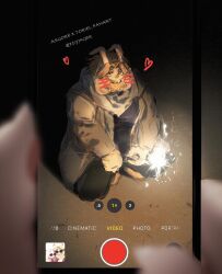 1boy 1girl 7oy7iger artist_name asgore_dreemurr beard blonde_hair brown_coat coat commentary crown drawn_heart drawn_whiskers english_text facial_hair fireworks furry furry_female furry_male goat_horns heart highres holding holding_fireworks holding_phone horns looking_at_viewer open_mouth phone sitting smile sparkler symbol-only_commentary toriel twitter_username undertale viewfinder white_fur