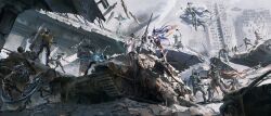 6+boys 6+girls absurdres ace_(arknights) animal_ears arknights battle black_jacket black_pants black_shorts blaze_(arknights) blue_hair body_armor building cat_ears chainsaw copyright_name dress floating gloves goggles grey_hair grey_sky gun halo hammer hateful_avenger_(arknights) head_wings helmet highres holding holding_chainsaw holding_gun holding_hammer holding_shield holding_staff holding_sword holding_weapon jacket logos_(arknights) long_hair mantra_(arknights) mechanist_(arknights) misery_(arknights) multiple_boys multiple_girls outcast_(arknights) pants pith_(arknights) raidian_(arknights) rosmontis_(arknights) ruins scout_(arknights) sharp_(arknights) shield shieldguard_(arknights) short_hair shorts sky skyscraper snake_tail staff stormeye_(arknights) sword tail touch_(arknights) urban weapon white_dress white_hair white_jacket wings z_05