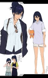 1girl 2girls aged_up amate_yuzuriha apron aqua_eyes artist_name breasts cent_u closed_mouth collared_shirt commentary_request conch_(gundam) dated gun gundam gundam_gquuuuuux hair_bun highres holding jacket long_sleeves looking_at_viewer multiple_girls nyaan_(gundam_gquuuuuux) open_mouth ponytail shirt short_hair short_sleeves shorts simple_background sunglasses tank_top translation_request twitter_username weapon white_background
