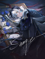 1boy armor asymmetrical_gloves black_cape black_gloves black_hair black_robe black_shirt blue_flower blue_rose borrowed_character cape closed_mouth earrings expressionless facial_mark feet_out_of_frame final_fantasy final_fantasy_xiv fingerless_gloves flower gloves glowing glowing_earrings grey_eyes hair_between_eyes heterochromia highres hyur jewelry long_sleeves looking_at_viewer lying male_focus migan multicolored_hair murrtecys_ansuz on_side original petals picture_frame red_ribbon ribbon robe rose sample_watermark shirt short_hair shoulder_armor sideways_glance single_vambrace sleeve_cuffs solo two-tone_hair vambraces warrior_of_light_(ff14) watermark white_hair yellow_eyes
