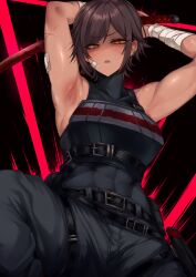 Rule 34 | 1girl, abs, armpits, arms up, bandages, bandaid, bandaid on arm, bandaid on face, bare shoulders, belt, black background, brown eyes, brown hair, dark-skinned female, dark skin, highres, holding, holding sword, holding weapon, katana, leotard, limbus company, looking at viewer, muscular, muscular female, open mouth, outis (project moon), project moon, scar, scar on arm, scar on face, shi association south uniform, short hair, simple background, sleeveless, solo, sword, teeth, toned, toned female, tresmarrow, upper teeth only, weapon