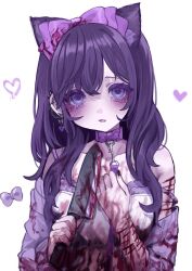 1girl :3 absurdres animal_ears asahina_mafuyu bags_under_eyes bare_shoulders black_nails blood blood_on_clothes blood_on_hands bloody_knife bow bowtie camisole cardigan cardigan_partially_removed chain collar collarbone commentary_request ear_piercing earrings empty_eyes hair_between_eyes hair_bow hair_down hair_over_shoulder hands_up heart heart_in_eye highres holding holding_knife holding_own_leash jewelry jishou_210 knife long_hair looking_at_viewer nail_polish o-ring open_mouth piercing project_sekai purple_bow purple_bowtie purple_cardigan purple_collar purple_eyes purple_hair purple_trim simple_background solo spiked_ear_piercing symbol_in_eye upper_body white_background white_camisole