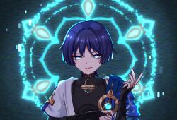 Rule 34 | 1boy, aqua halo, aqua sleeves, armor, backlighting, black bodysuit, black bridal gauntlets, blue cape, blue eyes, blue gemstone, blunt ends, bodysuit, bridal gauntlets, cape, covered collarbone, eyeliner, eyeshadow, gem, genshin impact, glowing, glowing eyes, gold, gold ring, halo, halo behind head, hand up, highres, japanese armor, kote, kurokote, layered sleeves, looking at viewer, magic circle, makeup, male focus, mandarin collar, middle ring, open hand, open mouth, purple hair, purple rope, red eyeliner, red eyeshadow, rina sukareltuto, rope, scaramouche (genshin impact), short sleeves, shoulder peek, smile, solo, static background, straight-on, tsurime, upper body, vision (genshin impact), wanderer (genshin impact), white sleeves, white trim, wispy bangs