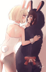 2girls absurdres animal_costume animal_ear_hairband animal_ears arupaka5tuki black_hair blonde_hair blush bound bound_wrists closed_mouth commentary_request dated detached_collar fake_animal_ears fishnet_pantyhose fishnets gradient_background hair_ribbon hairband hand_on_another&#039;s_back hand_on_another&#039;s_chin hand_under_clothes highres inoue_takina leotard long_hair lycoris_recoil multiple_girls neck_ribbon nishikigi_chisato onesie open_mouth pantyhose playboy_bunny purple_eyes rabbit_costume rabbit_ear_hairband rabbit_ears red_eyes red_ribbon ribbon short_hair strapless strapless_leotard sweatdrop white_background white_leotard wrist_cuffs yellow_background yuri