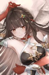 1girl absurdres ahoge amane_ito arm_above_head armpits breasts brown_hair cleavage colored_extremities commentary_request hair_ornament highres honkai:_star_rail honkai_(series) large_breasts lingsha_(honkai:_star_rail) long_hair looking_at_viewer pointy_ears red_eyes red_hands smile solo upper_body very_long_hair