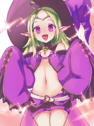 Rule 34 | 1girl, :d, ahoge, belt, black shorts, breasts, brooch, circlet, fire emblem, fire emblem awakening, fire emblem heroes, front-tie top, gem, gradient background, green gemstone, green hair, hair down, halloween, halloween costume, hat, heart, heart brooch, highres, jewelry, long hair, looking at viewer, midriff, navel, nintendo, nowi (eternal witch) (fire emblem), nowi (fire emblem), official alternate costume, open mouth, parted bangs, pink ribbon, pointy ears, purple eyes, purple hat, purple vest, ribbon, short shorts, shorts, simple background, sleeves past fingers, sleeves past wrists, small breasts, smile, solo, sparkle, stomach, studio sugimoto, very long sleeves, vest, white belt, wide sleeves, witch, witch hat