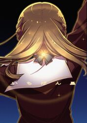 1girl arms_up black_background black_bow blue_background borrowed_accessory bow braid brown_dress brown_hair commentary_request dress facing_away floating_hair from_behind gradient_background hair_bow hair_ornament hasu_no_sora_school_uniform kachimachi_kosuzu link!_like!_love_live! love_live! neckerchief parted_hair repunit sailor_collar sailor_dress school_uniform side_ahoge side_braids solo star_(symbol) star_hair_ornament translation_request upper_body virtual_youtuber white_sailor_collar winter_uniform yellow_neckerchief