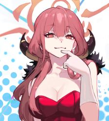1girl :3 absurdres artist_name aru_(blue_archive) bare_shoulders blue_archive breasts cleavage collarbone commentary demon_horns dot_nose double-parted_bangs dress earrings english_commentary eyebrows_hidden_by_hair fur_scarf gloves hair_between_eyes hair_over_shoulder half-closed_eyes halo hand_on_own_chin highres horns jewelry large_breasts long_eyelashes long_hair looking_at_viewer pink_eyes pink_hair polka_dot polka_dot_background raised_eyebrows red_dress sidelocks slit_pupils smile solo strapless strapless_dress subu_art thick_eyelashes white_background white_gloves