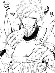 1boy armor cape closed_eyes commentary_request dragon_quest dragon_quest_xi eating food hatching_(texture) highres holding holding_food homeros_(dq11) illust_mi knight long_hair low_ponytail male_focus monochrome open_mouth ponytail side_part solo