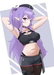 1girl absurdres armpits arms_behind_head belt black_belt black_choker black_shorts black_tank_top breasts chest_belt choker cleavage closed_mouth crescent crescent_hair_ornament crop_top eepy_sleepy_(sleepy_2.0) hair_ornament highres kaemble long_hair navel one_eye_closed pantyhose phase_connect pointy_ears pouch purple_eyes purple_hair shorts sleepy_project solo star_(symbol) star_choker stomach tank_top thigh_pouch thigh_strap virtual_youtuber