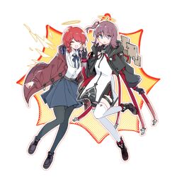 2girls achadtea arknights black_gloves black_jacket black_pantyhose blue_eyes blue_skirt brown_hair brown_shoes chinese_commentary closed_eyes collared_shirt commentary_request cosplay costume_switch crossover detached_wings dress_shirt exusiai_(arknights) exusiai_the_new_covenant_(arknights) fake_wings fingerless_gloves full_body girls_band_cry gloves halo hood hood_down hooded_jacket iseri_nina jacket low_twintails multiple_girls one_side_up open_clothes open_jacket open_mouth outline pantyhose red_hair red_jacket shirt shoes short_hair short_twintails skirt thighhighs twintails white_outline white_shirt white_thighhighs wings
