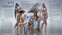 3d 4girls ahri_(league_of_legends) akali alternate_costume animal_ears ass backless_outfit black_hair blonde_hair blue_hair breasts covered_erect_nipples crystal_tail curvy dress english_text evelynn_(league_of_legends) facial_mark fox_ears fox_tail gold_shoes gradient_background grand_piano high_heels high_ponytail highres instrument k/da_(league_of_legends) k/da_ahri k/da_akali k/da_evelynn k/da_kai&#039;sa kai&#039;sa large_breasts league_of_legends long_hair multiple_girls navel no_bra no_panties pelvic_curtain piano ponytail purple_hair red_hair revealing_clothes shoes short_dress sideless_outfit silver_dress sitting standing tail whisker_markings zoh