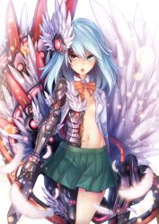 1girl :o asymmetrical_wings blouse blue_hair feathers female_focus hair_ornament heterochromia long_hair looking_at_viewer mechanical_arms mechanical_legs mechanical_wings navel no_bra open_clothes open_shirt original pink_eyes saltydanshark shirt single_mechanical_arm single_mechanical_leg skirt solo white_shirt white_wings wings