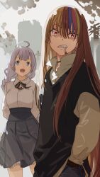 2girls :d absurdres ahoge arms_behind_back backlighting baggy_clothes black_choker black_sweater_vest blonde_hair blue_eyes blue_hair blue_pants braid breasts brown_hair building choker cigarette clenched_teeth collared_shirt commentary_request cowboy_shot film_grain galaco grey_skirt hair_between_eyes hair_over_shoulder hand_in_pocket high-waist_skirt highres huge_ahoge kizuna_akari long_hair long_sleeves looking_at_viewer medium_breasts mouth_hold multicolored_hair multiple_girls open_mouth outdoors pants petticoat pink_hair pleated_skirt puffy_long_sleeves puffy_sleeves red_eyes shirt shirt_tucked_in simple_background skirt sky smile standing straight_hair streaked_hair sweater_vest tarokazu teeth tongue very_long_hair vocaloid voiceroid white_hair white_shirt white_sky wide-eyed