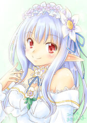 1girl akihara_ryou artist_name bare_shoulders blue_hair blue_ribbon breasts dress flower frilled_dress frills hair_flower hair_ornament highres iris_mysteria! long_hair looking_at_viewer medium_breasts pointy_ears red_eyes ribbon sign smile white_dress yuu_(iris_mysteria!)