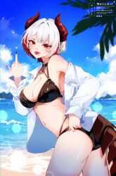 1girl absurdres artist_name ass beach bikini black_bikini black_nails breasts cleavage cloud collared_shirt face_piercing highres horns indie_virtual_youtuber lip_piercing long_sleeves middle_finger mole mole_under_eye mole_under_mouth multicolored_hair navel nose_piercing ocean open_clothes open_shirt palm_leaf piercing red_hair red_horns second-party_source shirt sky solo streaked_hair swimsuit tail tongue twitter_username vexmlk virtual_youtuber weiic white_hair white_shirt