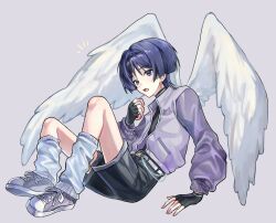 1boy alternate_costume angel_wings arm_at_side arm_support belt black_gloves black_shirt black_shorts blunt_ends casual chypuragy contemporary cross-laced_shoes curled_fingers ear_piercing earrings feathered_wings fingerless_gloves genshin_impact gloves grey_background hair_intakes hand_up highres jacket jewelry knees_up leg_warmers long_sleeves looking_at_viewer male_focus notice_lines open_clothes open_hand open_jacket open_mouth piercing purple_eyes purple_hair purple_jacket purple_sleeves scaramouche_(genshin_impact) shirt shoes shorts sneakers solo three_quarter_view turtleneck turtleneck_shirt white_belt white_leg_warmers white_shoes white_wings wings wispy_bangs