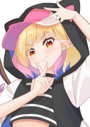 1girl absurdres animal_ears baseball_cap black_collar blonde_hair blush collar commentary crystal_wings ear_piercing fake_animal_ears flandre_scarlet grin gyaru hand_on_own_cheek hand_on_own_face hat highres hood hooded_jacket hoodie jacket kemo_haru light_blush multicolored_hair piercing pink_hair pointy_ears red_eyes simple_background smile solo touhou two-tone_hair two-tone_hat v vampire white_background wings