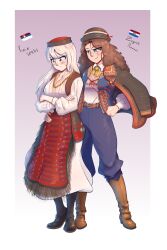 Rule 34 | 2girls, absurdres, albino, anica domazet, apron, bead necklace, beads, belt, black socks, blue pantaloons, blue pants, blue vest, blush, bonnet, boots, breasts, brown hair, capelet, check clothing, closed mouth, clothing request, commission, commissioner upload, croatia, croatian clothes, croatian flag, crossed arms, curly hair, dress, embarrassed, embroidery, fingernails, fluffkaiser, full body, fur trim, gradient background, green eyes, grin, hand on another&#039;s hip, hand on own hip, hat, highres, jacket, jewelry, knee boots, leather, leather belt, leather boots, long hair, long sleeves, looking down, mole, mole under eye, multiple girls, neckerchief, necklace, non-web source, original, pantaloons, pants, poet sleeves, pout, puffy sleeves, red apron, red eyes, republika srpska krajina, scar, scar across eye, scar on face, serbian clothes, serbian flag, shirt, shoes, skirt, slavic clothes, smile, socks, spread legs, unworn jacket, vest, white dress, white hair, white shirt, yellow neckerchief, yuri, zarya petrovic