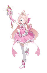 absurdres blue_eyes bow bowtie dress frilled_dress frills gloves goeleu hair_ornament highres holding holding_staff long_hair magical_girl original pink_bow pink_bowtie pink_gloves pink_hair shoes smile staff thighhighs white_thighhighs