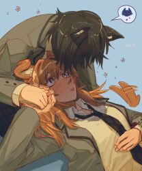 2girls animal_ears black_hair black_necktie blue_background blush brown_eyes brown_hair cat_ears cat_girl closed_mouth collared_shirt commentary dog_ears dog_girl dog_tail flower grey_jacket hailerp highres holding_hands jacket lap_pillow medium_hair miyagi_shiori multiple_girls necktie school_uniform sendai_hazuki shirt short_hair shuuniichido_classmate_wo_kau_hanashi simple_background speech_bubble tail tail_wagging white_shirt yuri