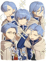 1girl 3boys :d absurdres alternate_hairstyle black_robe blue_hair cape eisen_(sousou_no_frieren) elf fake_horns frieren glasses grey_hair hair_between_eyes heiter helm helmet highres himmel_(sousou_no_frieren) horned_helmet horns inoshishi969 jewelry long_hair long_sleeves male_focus multiple_boys multiple_views open_mouth parted_bangs pointy_ears red_cape robe seiza short_hair sitting smile sousou_no_frieren standing tongue translation_request twintails