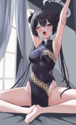 1girl absurdres arm_behind_head armpits arms_up bare_arms bare_legs bare_shoulders barefoot black_dress black_eyes black_hair blue_archive breasts butterfly_sitting china_dress chinese_clothes commentary double_bun dragon_print dress hair_bun halo highres kisaki_(blue_archive) long_hair looking_at_viewer medium_breasts mo_ca_coffee no_panties one_eye_closed open_mouth pelvic_curtain print_dress sitting sleeveless sleeveless_dress solo stretching thighs twintails very_long_hair