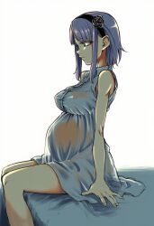 1girl bed breasts dagashi_kashi highres large_breasts pregnant purple_eyes purple_hair shidare_hotaru