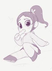 1girl arm_support eating female_focus flat_chest full_body grey_background greyscale hand_up heart holding_food holding_popsicle hood hood_down hooded_sweater kekitopu knee_up leaning_back loli long_sleeves looking_at_viewer miniskirt monochrome open_mouth parted_bangs pleated_skirt ponytail popsicle sexually_suggestive shoes short_hair sidelocks simple_background sitting sketch skirt solo sweater vanellope_von_schweetz wide-eyed wreck-it_ralph