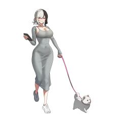 1girl absurdres ahoge baby_animal bag black_hair breasts cleavage codename_rose dog dongtan_dress dress grey_dress hair_bun highres holding holding_bag holding_leash irezumi large_breasts leash long_sleeves low_ponytail multicolored_hair narrow_waist ponytail puppy red_eyes seductive_smile shoes single_hair_bun skindentation smile sneakers split-color_hair tattoo taut_clothes teeth two-tone_hair waktaverse walking white_hair wide_hips yoongel