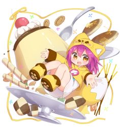 Rule 34 | 1girl, blush, brown eyes, cherry, cookie, dress, female focus, food, fox hat, fox tail, fruit, nipeira, original, pancake, paw shoes, pocky, pudding, purple hair, shoes, solo, spoon, tail, yuzuwa-chan