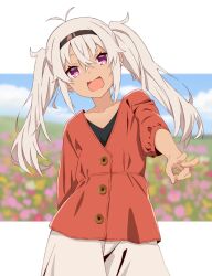 1girl akitetsu blue_sky blurry blurry_background dark-skinned_female dark_skin field flat_chest flower flower_field grey_hair hairband highres jacket long_hair looking_at_viewer matsukai_mao nijisanji open_mouth purple_eyes red_jacket skirt sky smile solo twintails v virtual_youtuber