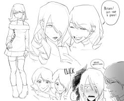 2girls :&gt; blush borderless_panels bra_strap cellphone_photo choker english_text fur-trimmed_sweater fur_trim hair_over_one_eye highres kirijou_mitsuru long_hair multiple_girls persona persona_3 persona_3_reload smile speech_bubble sweater takeba_yukari thighhighs yammichuu