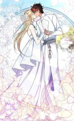 1boy 1girl amon_akin blonde_hair blondina_ryun_ates brown_hair closed_eyes dress formal_clothes grey_eyes hetero husband_and_wife jacket kiss long_hair looking_at_another marriage my_gently_baised_beast pants purple_eyes shirt suit very_long_hair white_dress white_jacket white_pants white_shirt white_suit