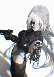 Rule 34 | 1girl, absurdres, ak-15 (girls&#039; frontline), black gloves, black pants, blue eyes, breasts, commentary request, damaged, girls&#039; frontline, gloves, grey hair, gun, handgun, highres, long hair, looking to the side, mechanical arms, medium breasts, midriff, pants, robot girl, solo, standing, terminator (series), very long hair, weapon, zomzomzomsauce