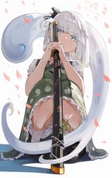 :o absurdres black_shoes bloomers blue_eyes blunt_bangs blunt_ends bright_pupils cherry_blossoms commentary falling_petals full_body green_skirt green_vest grey_hair head_tilt highres hitodama holding_sweater katana knees_together_feet_apart konpaku_youmu konpaku_youmu_(ghost) looking_at_viewer own_hands_together petals puffy_short_sleeves puffy_sleeves sashimi_oniku shirt shoes short_hair short_sleeves skirt skirt_set socks squatting sword touhou underwear vest weapon white_bloomers white_hair white_pupils white_shirt white_socks