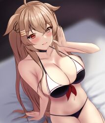 1girl adapted_costume ahoge bed bed_sheet bikini black_bikini blurry blurry_background blush breasts brown_eyes brown_hair cleavage collarbone commentary_request detached_sleeves highres kantai_collection large_breasts long_hair looking_at_viewer montemasa murasame_(kancolle) murasame_(swimsuit)_(kancolle) navel on_bed red_eyes sitting smile solo swimsuit
