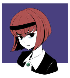 1girl bags_under_eyes black_eyes black_hairband black_shirt blue_background border brooch closed_mouth cropped_torso disgust eyelashes ghostjeepshara hairband jewelry looking_at_viewer r_dorothy_wayneright red_hair shirt short_hair solo the_big_o white_border