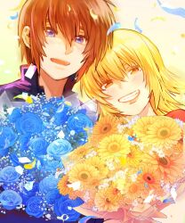 Rule 34 | 1boy, 1girl, blonde hair, blue flower, blue rose, blush, bouquet, brother and sister, brown hair, cagalli yula athha, commentary request, flower, grin, gundam, gundam seed, highres, holding, holding bouquet, kimi88407604, kira yamato, looking at viewer, open mouth, purple eyes, rose, shirt, short hair, siblings, smile, upper body, yellow background, yellow eyes, yellow flower